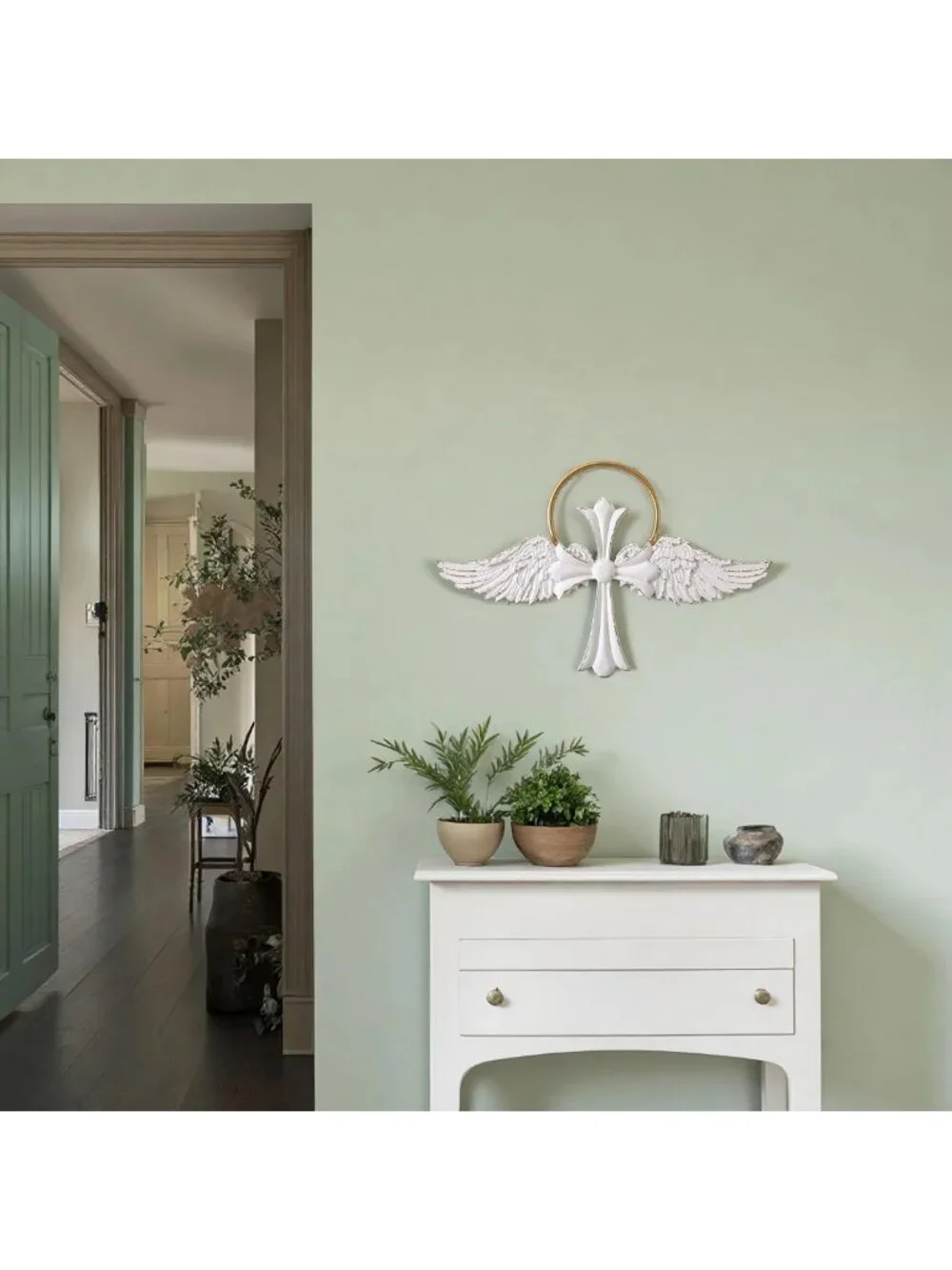 Rustic Farmhouse Angel Wings Wall Decor - Distressed Wood Cross Art for Home